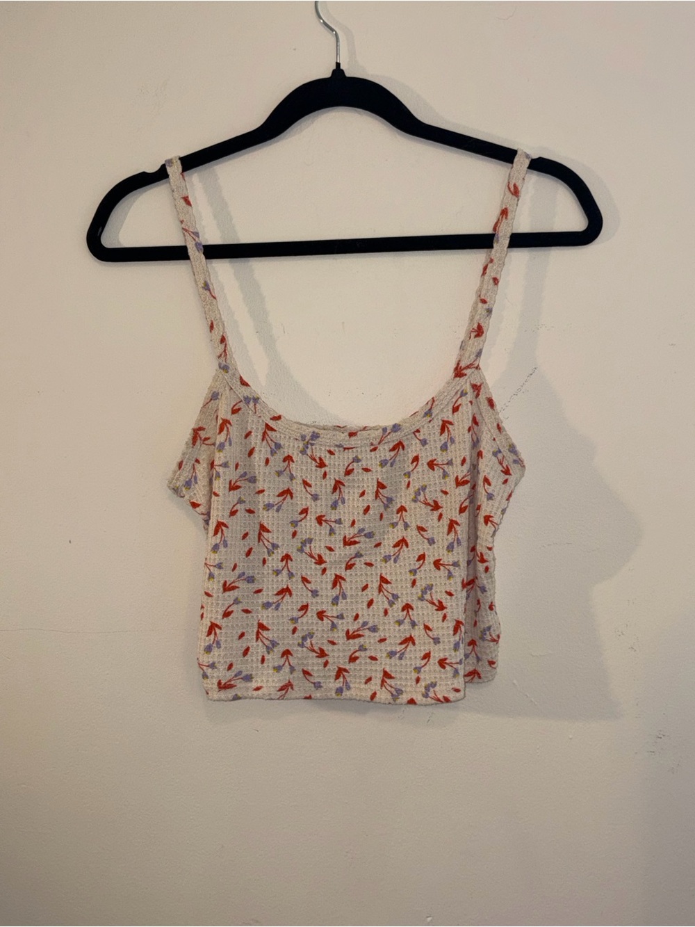 Free People Cream Ribbed Floral Crop Cami